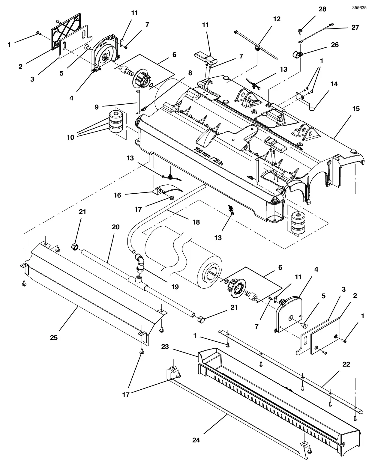 Tennant T600e / T600 scrub head group, cylindrical 28 in (700 mm) drawing, manual page 26