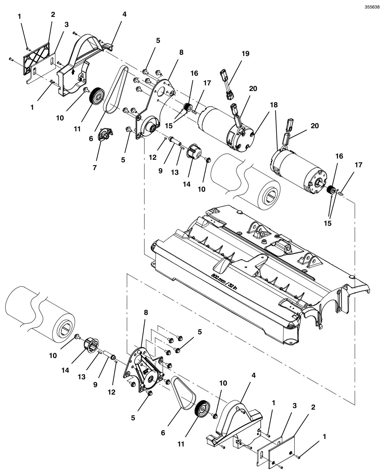 Tennant T600e / T600 scrub head group, cylindrical 32 in (800 mm) - continued drawing, manual page 32