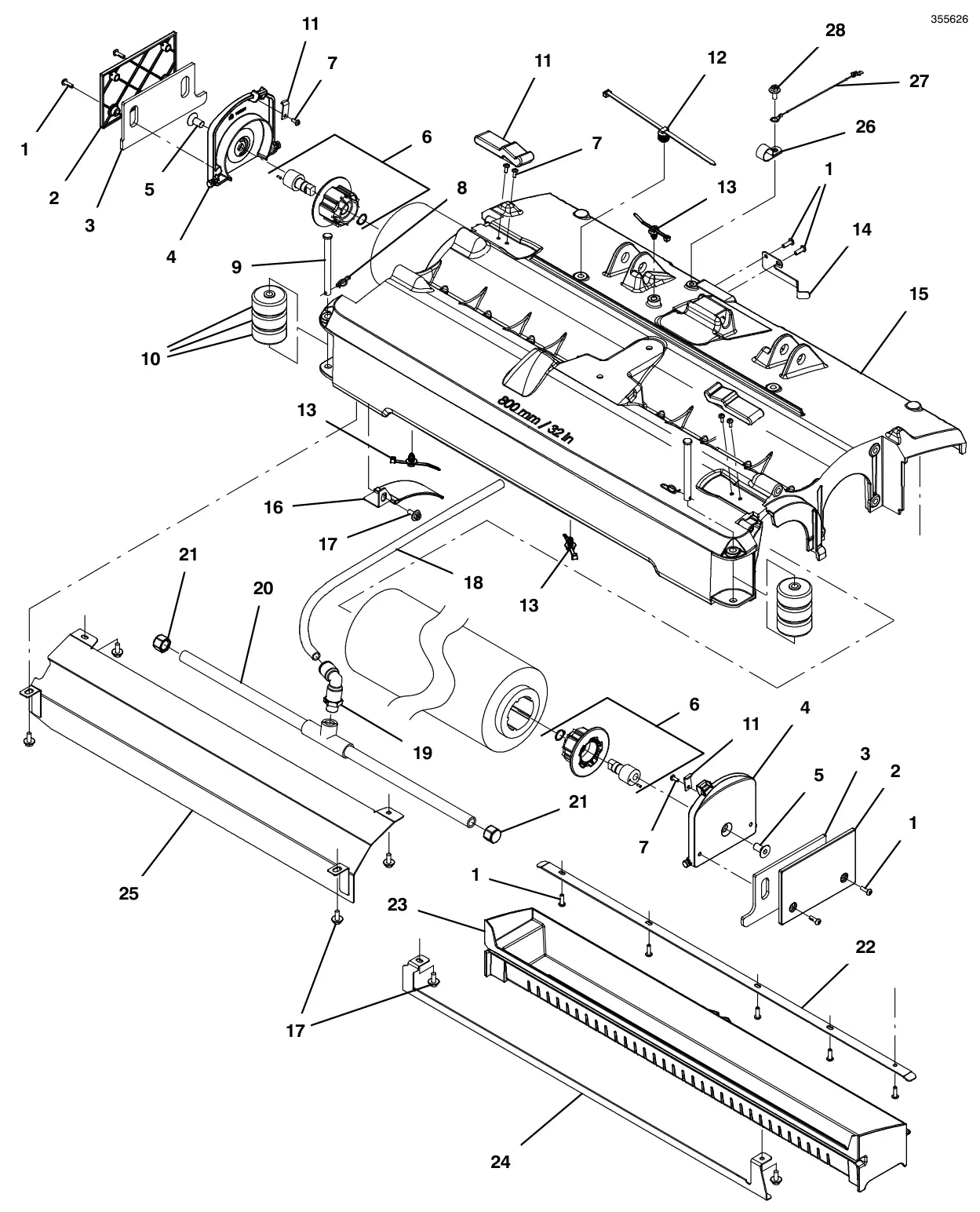 Tennant T600e / T600 scrub head group, cylindrical 32 in (800 mm) drawing, manual page 30