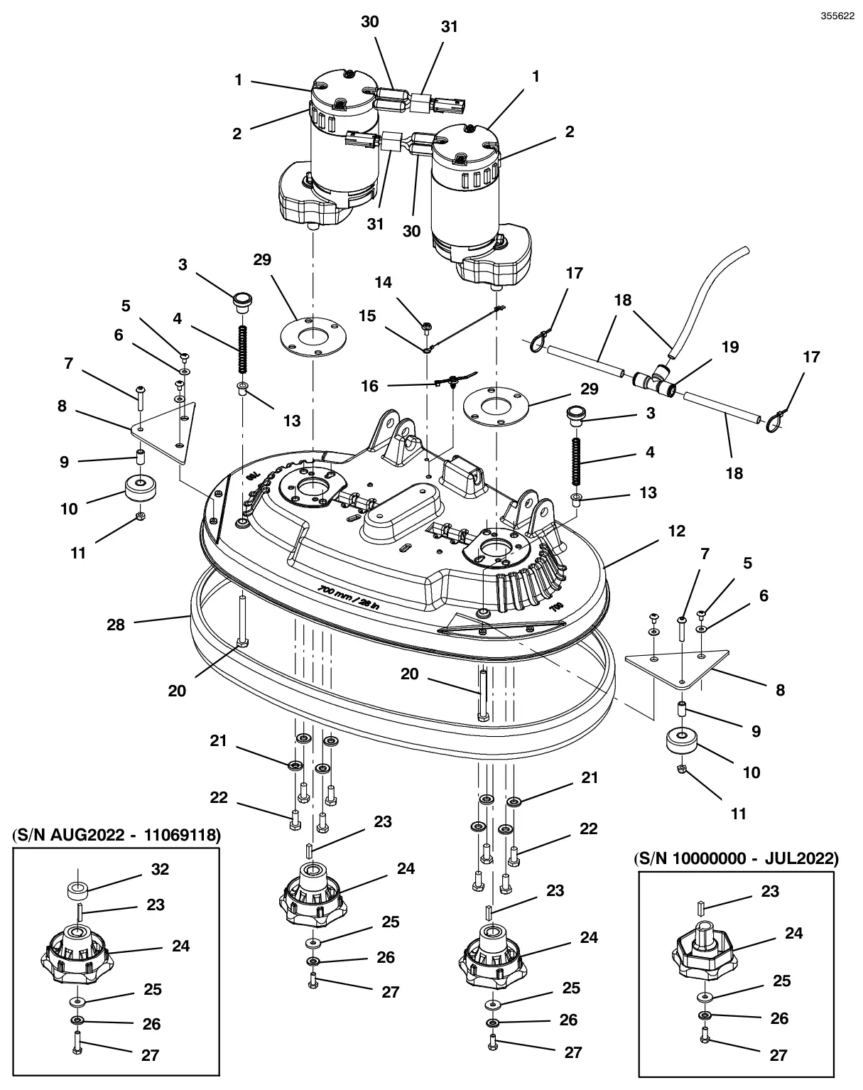 Tennant T600e / T600 scrub head group, disk 28 in (700 mm) (t600 model) drawing, manual page 14