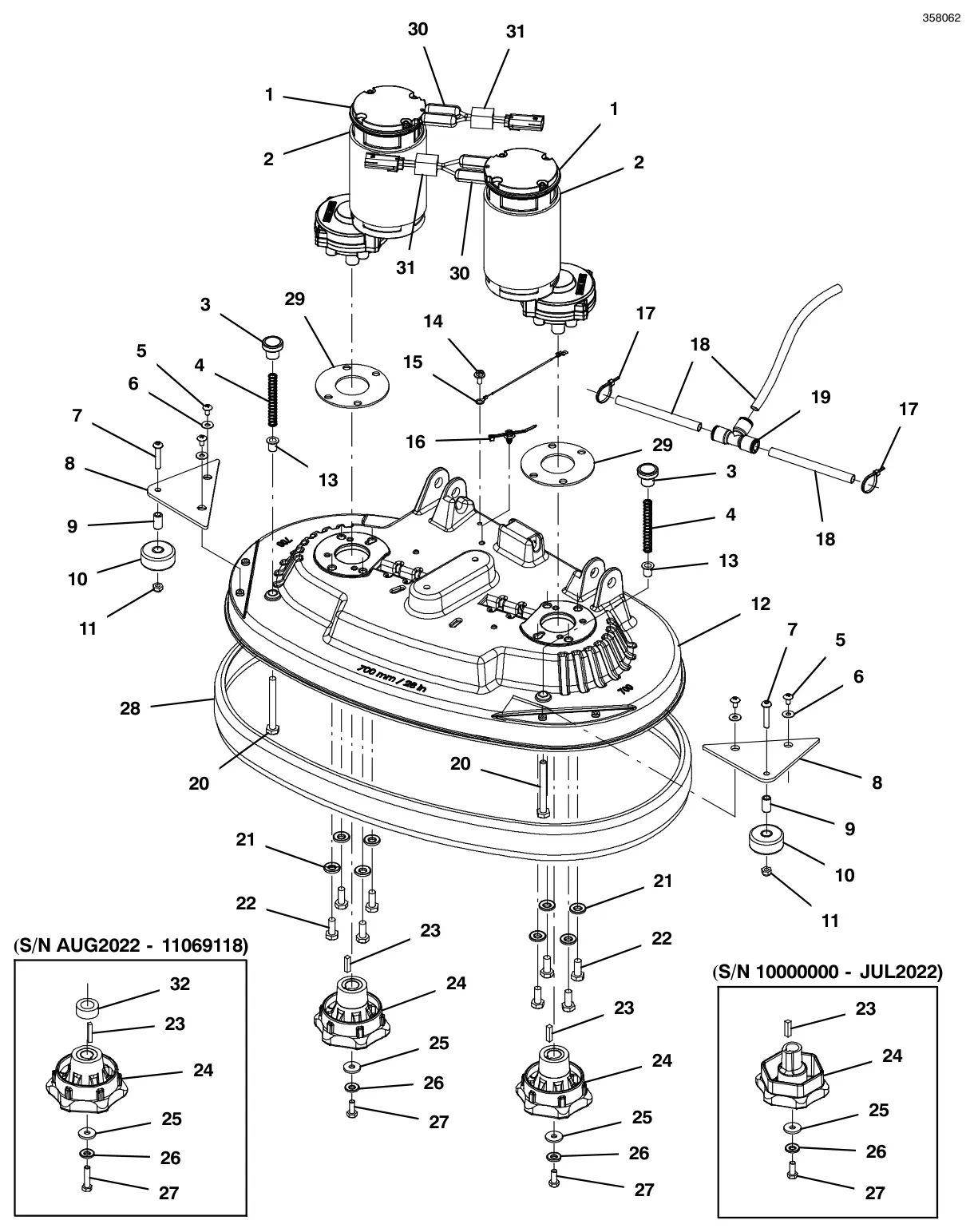 Tennant T600e / T600 scrub head group, disk 28 in (700 mm) (t600e model) drawing, manual page 16