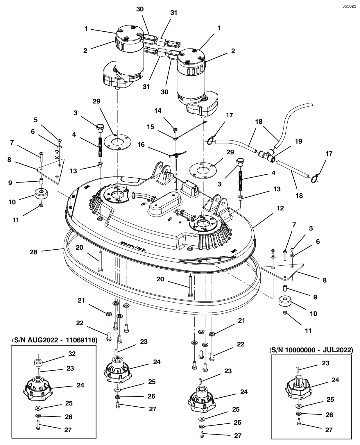 Tennant T600e / T600 scrub head group, disk 32 in (800 mm) (t600 model) drawing, manual page 18