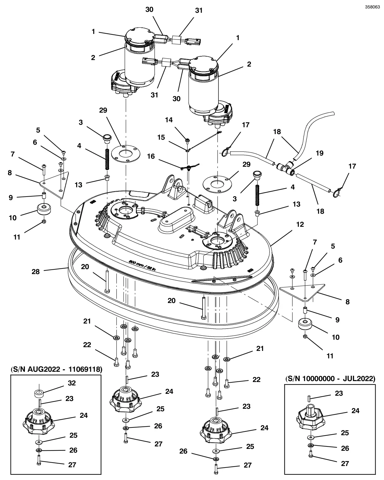 Tennant T600e / T600 scrub head group, disk 32 in (800 mm) (t600e model) drawing, manual page 20
