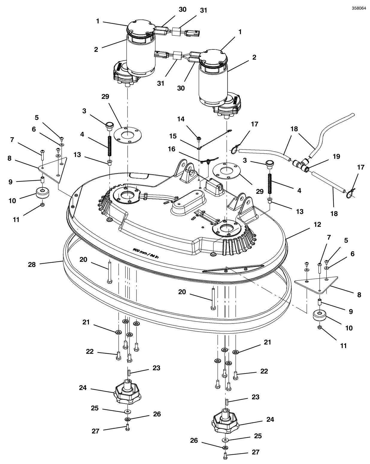 Tennant T600e / T600 scrub head group, disk 36 in (900 mm) (t600e model) drawing, manual page 24