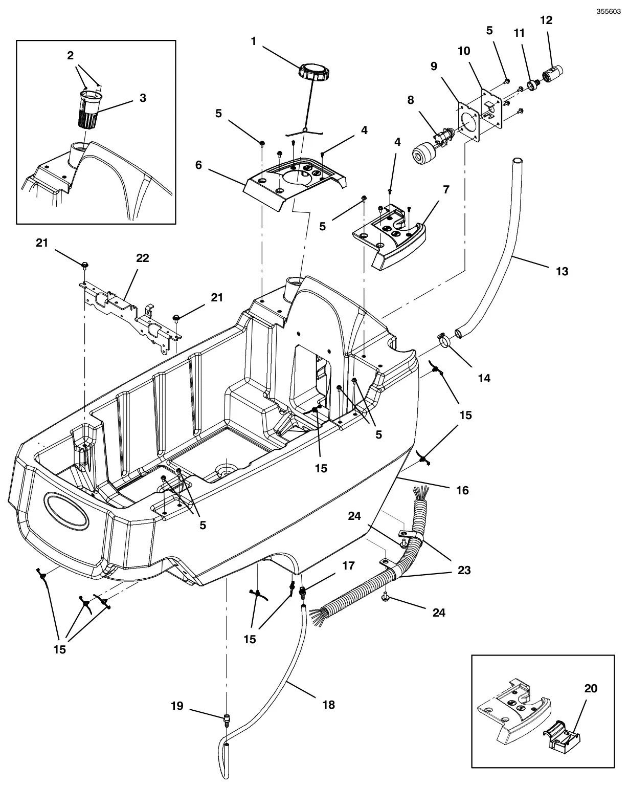Tennant T600e / T600 solution tank group, auto-fill drawing, manual page 44