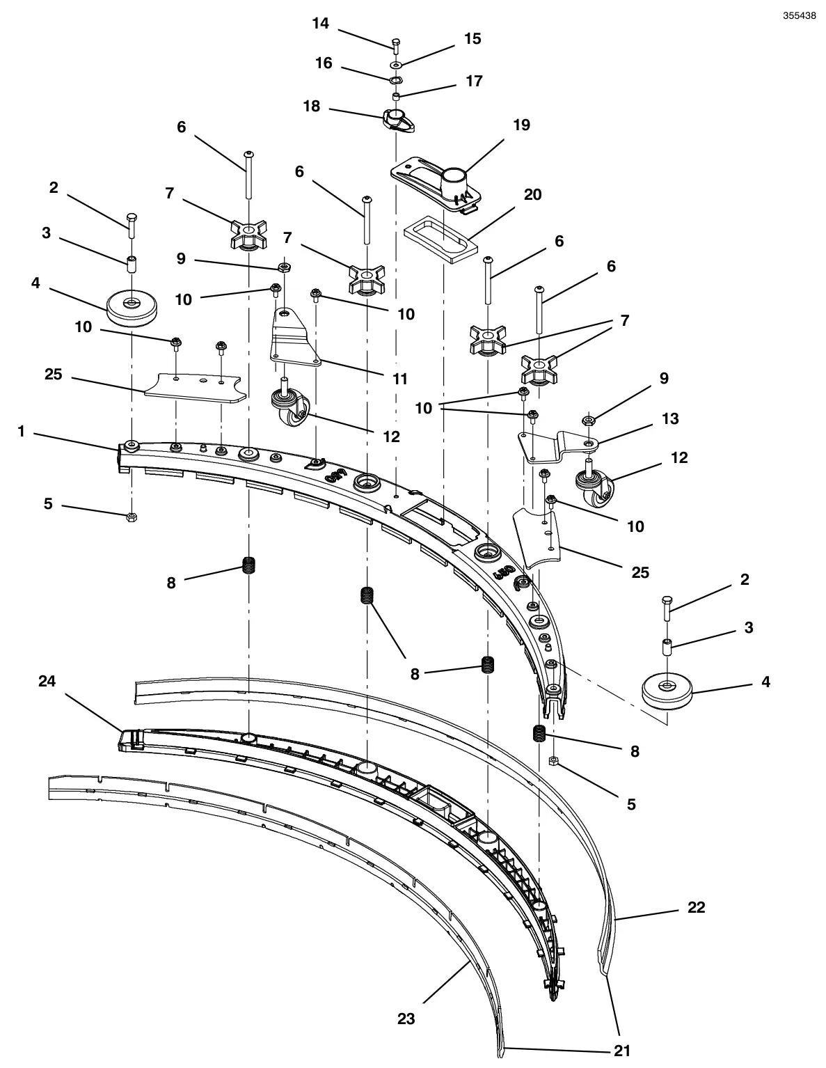 Tennant T600e / T600 squeegee assembly, 26 in (650 mm) (intended for 700 mm scrub head size) (original style 9015301 - replaced by 9018626) drawing, manual page 82