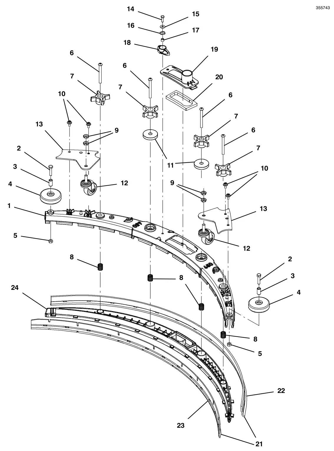Tennant T600e / T600 squeegee assembly, 26 in (650 mm) (intended for 700 mm scrub head size) (new style 9018626) drawing, manual page 78