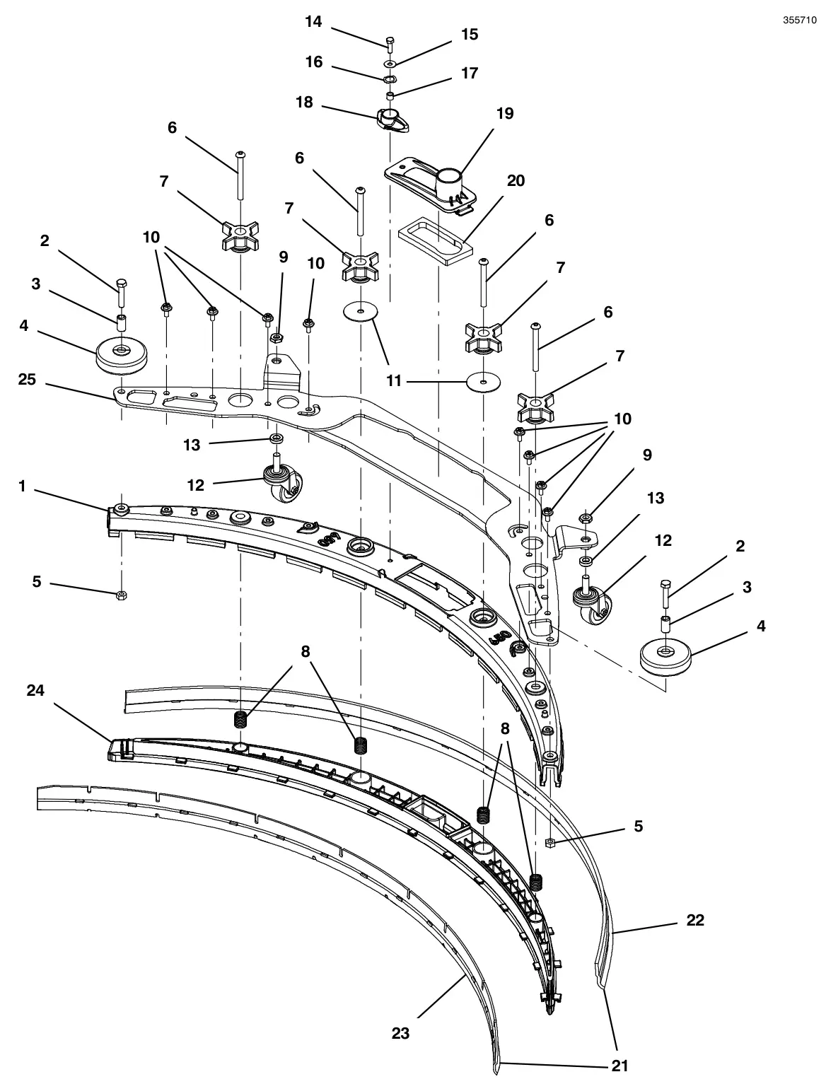 Tennant T600e / T600 squeegee assembly, 26 in (650 mm) (intended for 700 mm scrub head size) (upgraded style 9018098 - replaced by 9018626) drawing, manual page 80