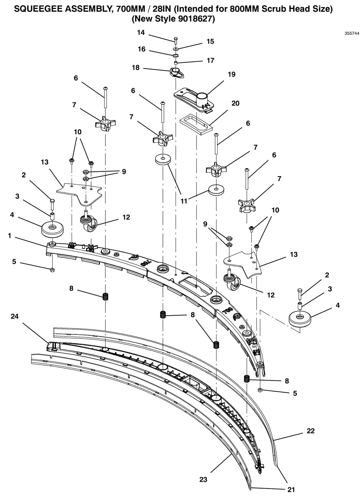 Tennant T600e / T600 squeegee assembly, 28 in (700 mm) (intended for 800 mm scrub head size) (new style 9018627) drawing, manual page 84