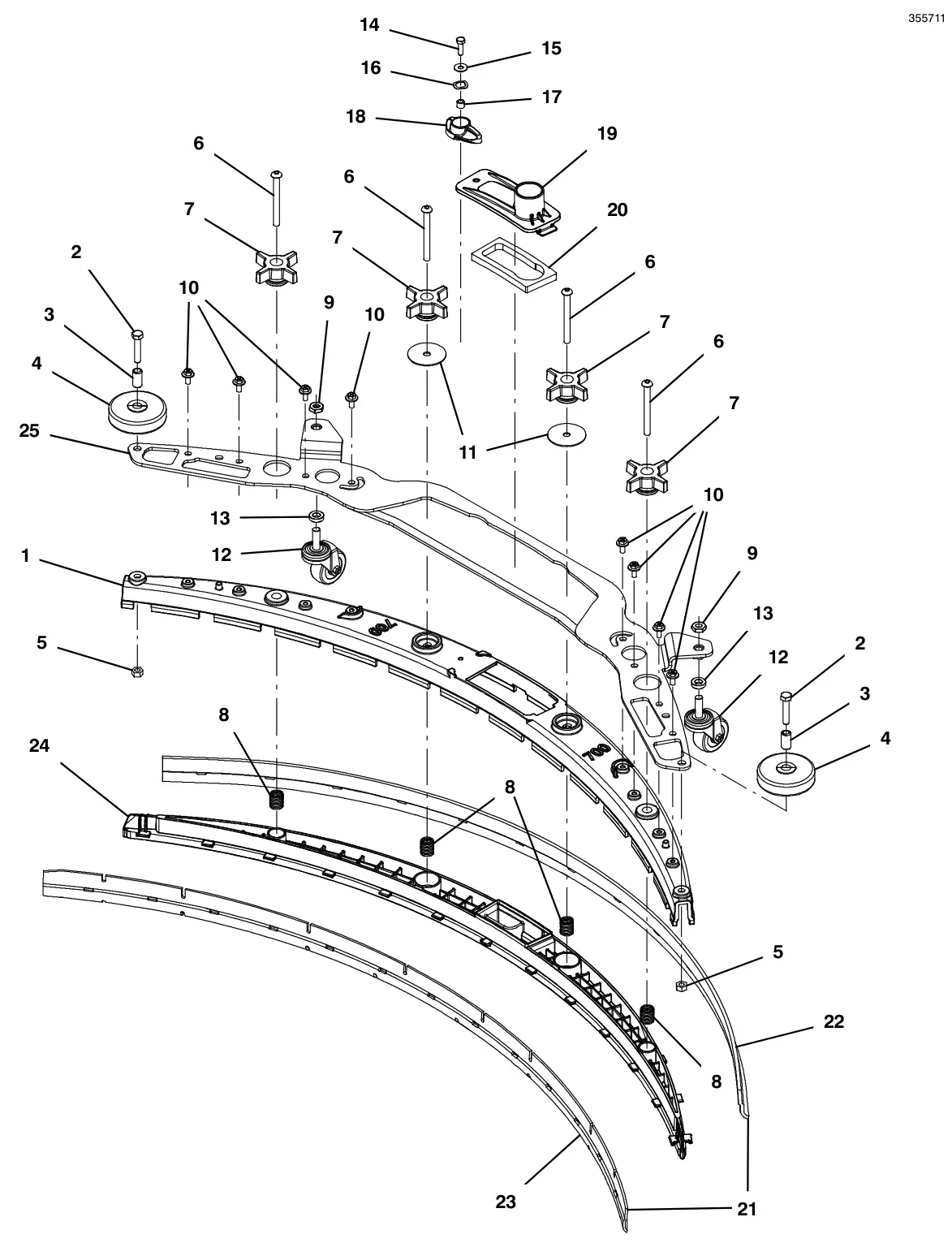 Tennant T600e / T600 squeegee assembly, 28 in (700 mm) (intended for 800 mm scrub head size) (upgraded style 9018086 - replaced by 9018627) drawing, manual page 86