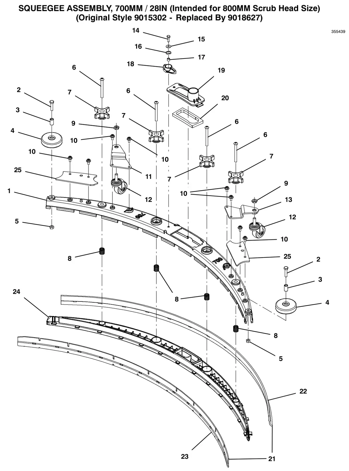 Tennant T600e / T600 squeegee assembly, 28 in (700 mm) (intended for 800 mm scrub head size) (original style 9015302 - replaced by 9018627) drawing, manual page 88
