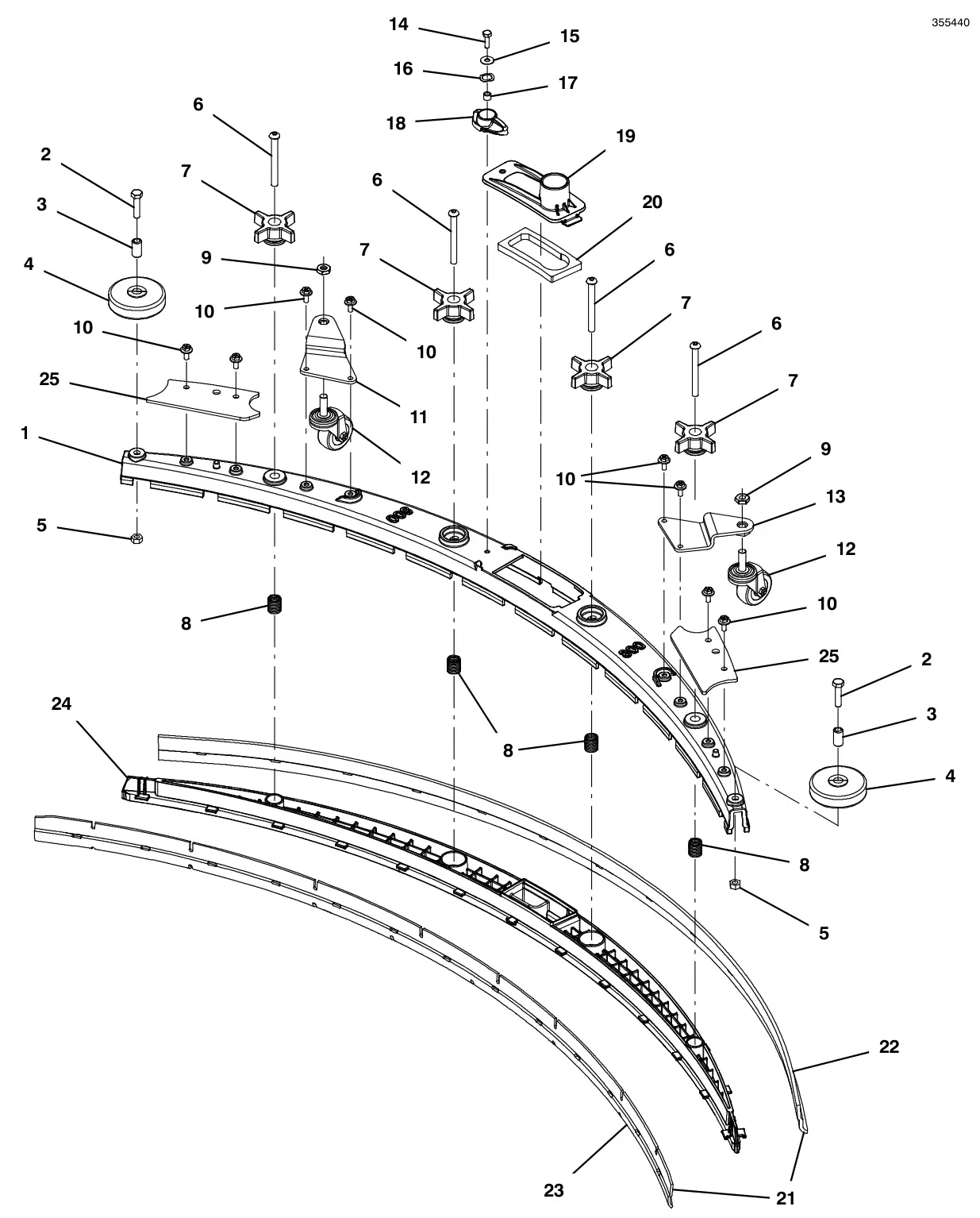 Tennant T600e / T600 squeegee assembly, 32 in (800 mm) (intended for 900 mm scrub head size) (original style 9015303 - replaced by 9018628) drawing, manual page 94