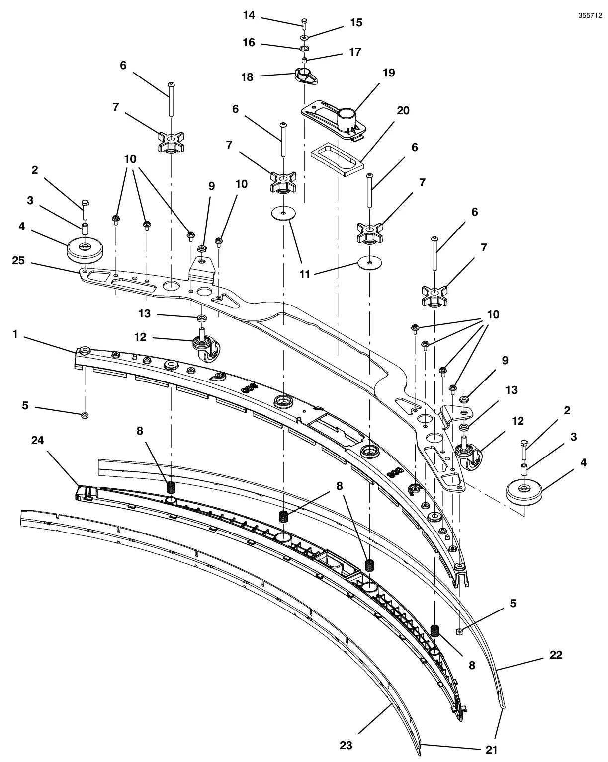 Tennant T600e / T600 squeegee assembly, 32 in (800 mm) (intended for 900 mm scrub head size) (upgraded style 9018127 - replaced by 9018628) drawing, manual page 92