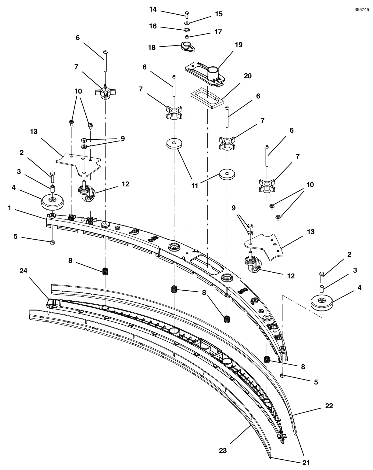 Tennant T600e / T600 squeegee assembly, 32 in (800 mm) (intended for 900 mm scrub head size) (new style 9018628) drawing, manual page 90