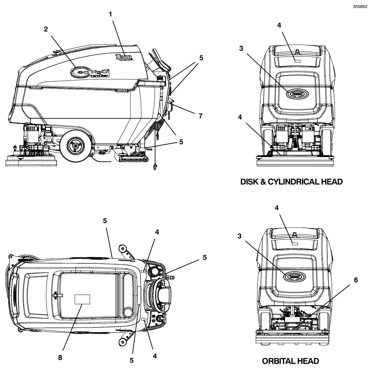 Tennant T600e / T600 standard label group (brazil) disk & cylindrical head 5 orbital head drawing, manual page 99